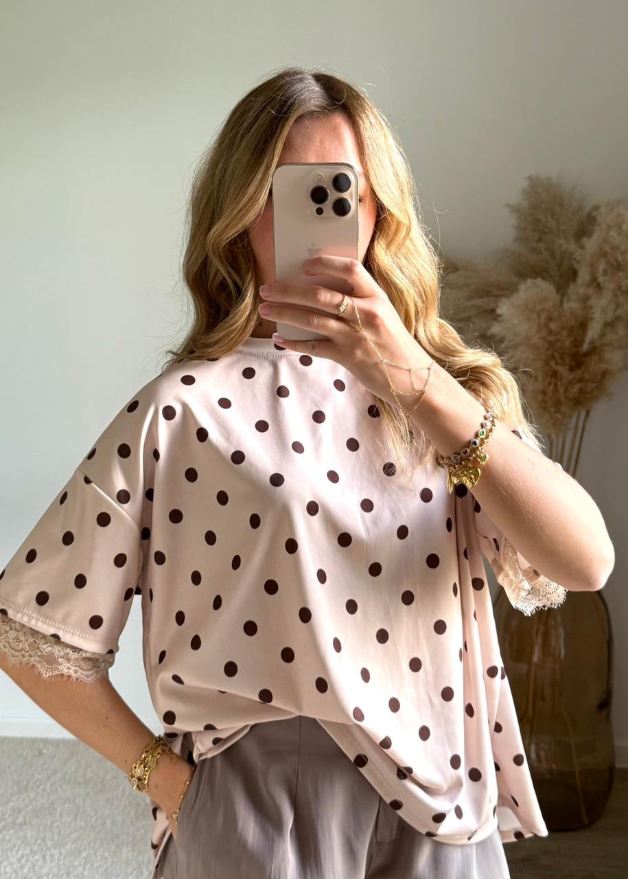 Top bimatière à dos ouvert et dentelle - Pois Rose