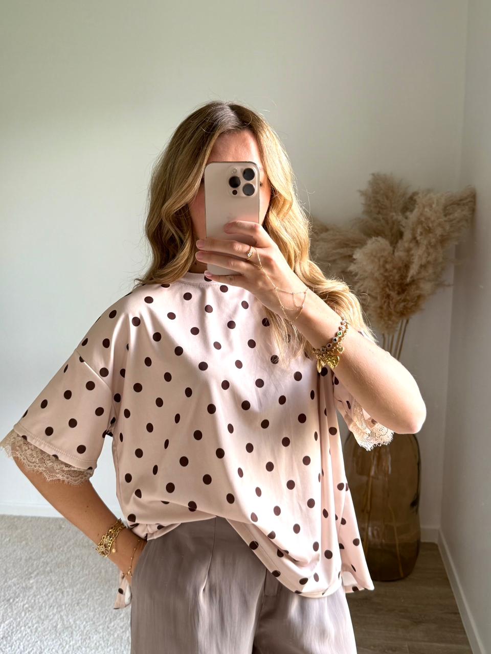 Top bimatière à dos ouvert et dentelle - Pois Rose