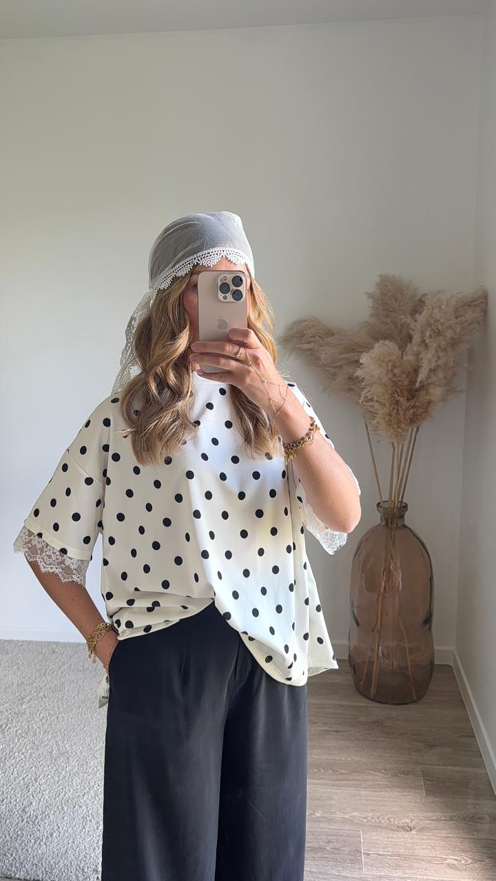 Top bimatière à dos ouvert et dentelle - Blanc à petit pois noir