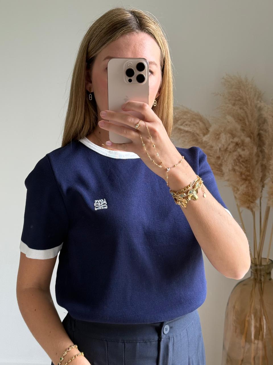 T-shirt en Maille Rétro Bord-Côte Contrasté - Bleu