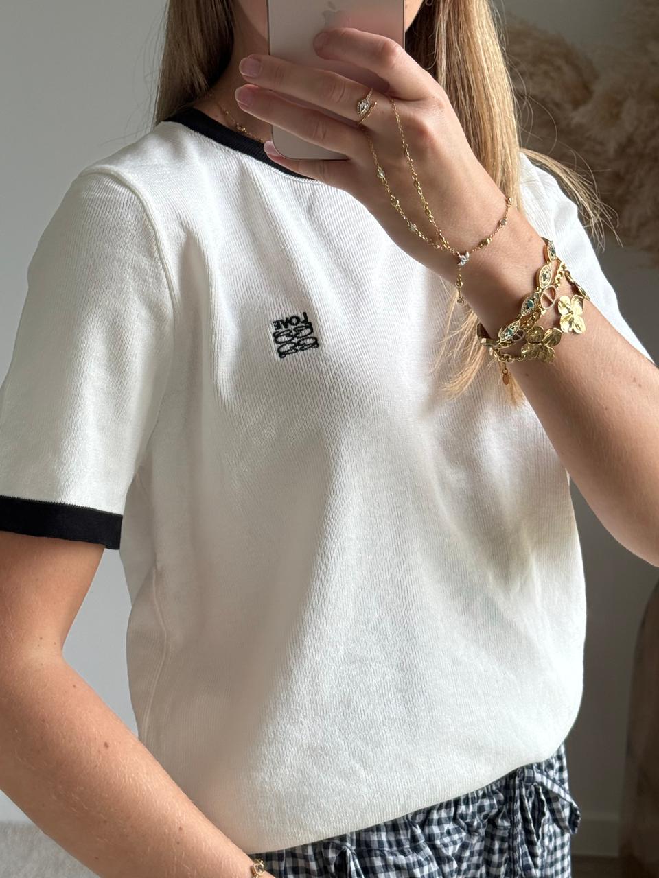 T-shirt en Maille Rétro Bord-Côte Contrasté - Blanc