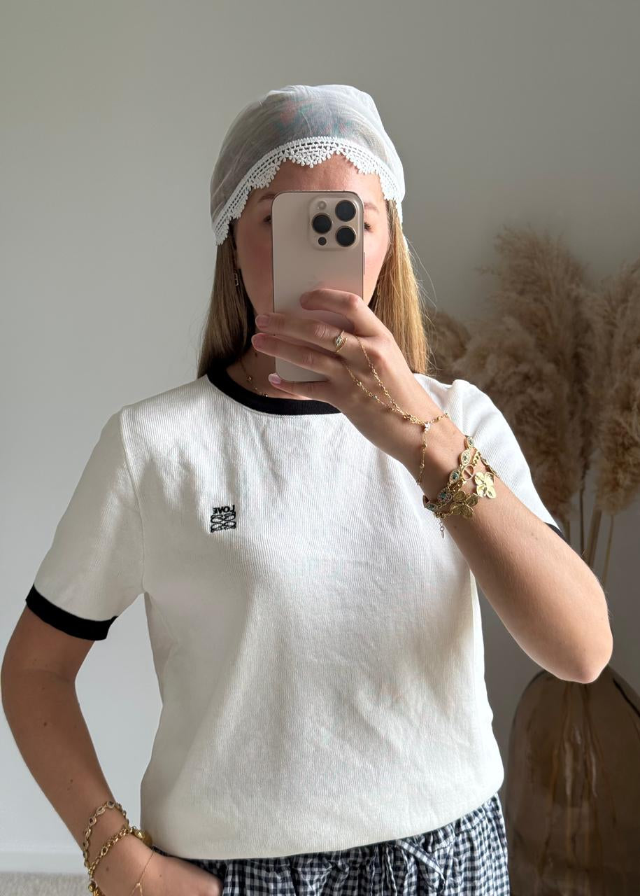 T-shirt en Maille Rétro Bord-Côte Contrasté - Blanc