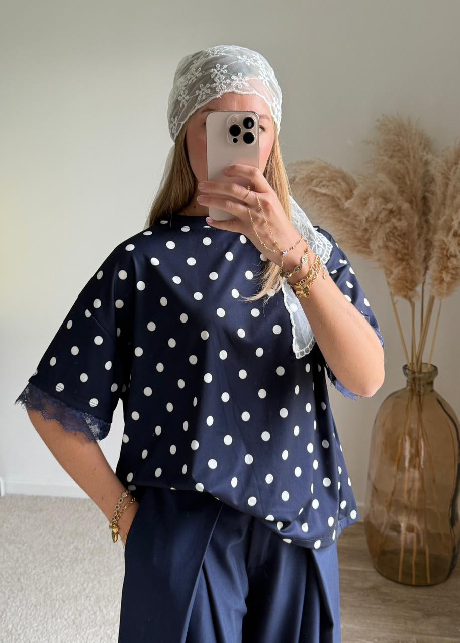 Top bimatière à dos ouvert et dentelle - Pois Bleu