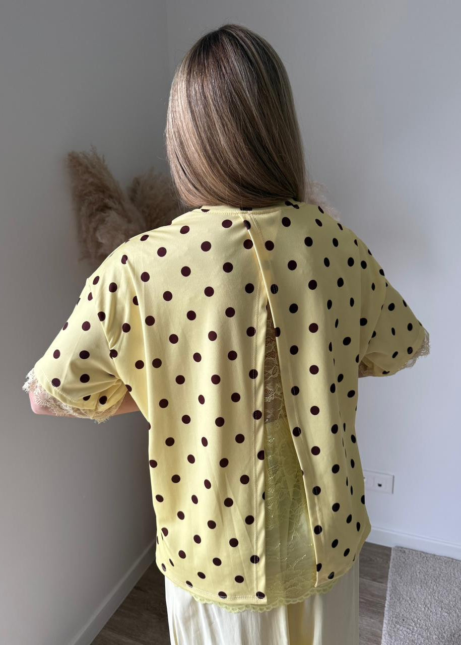 Top bimatière à dos ouvert et dentelle - Pois jaune