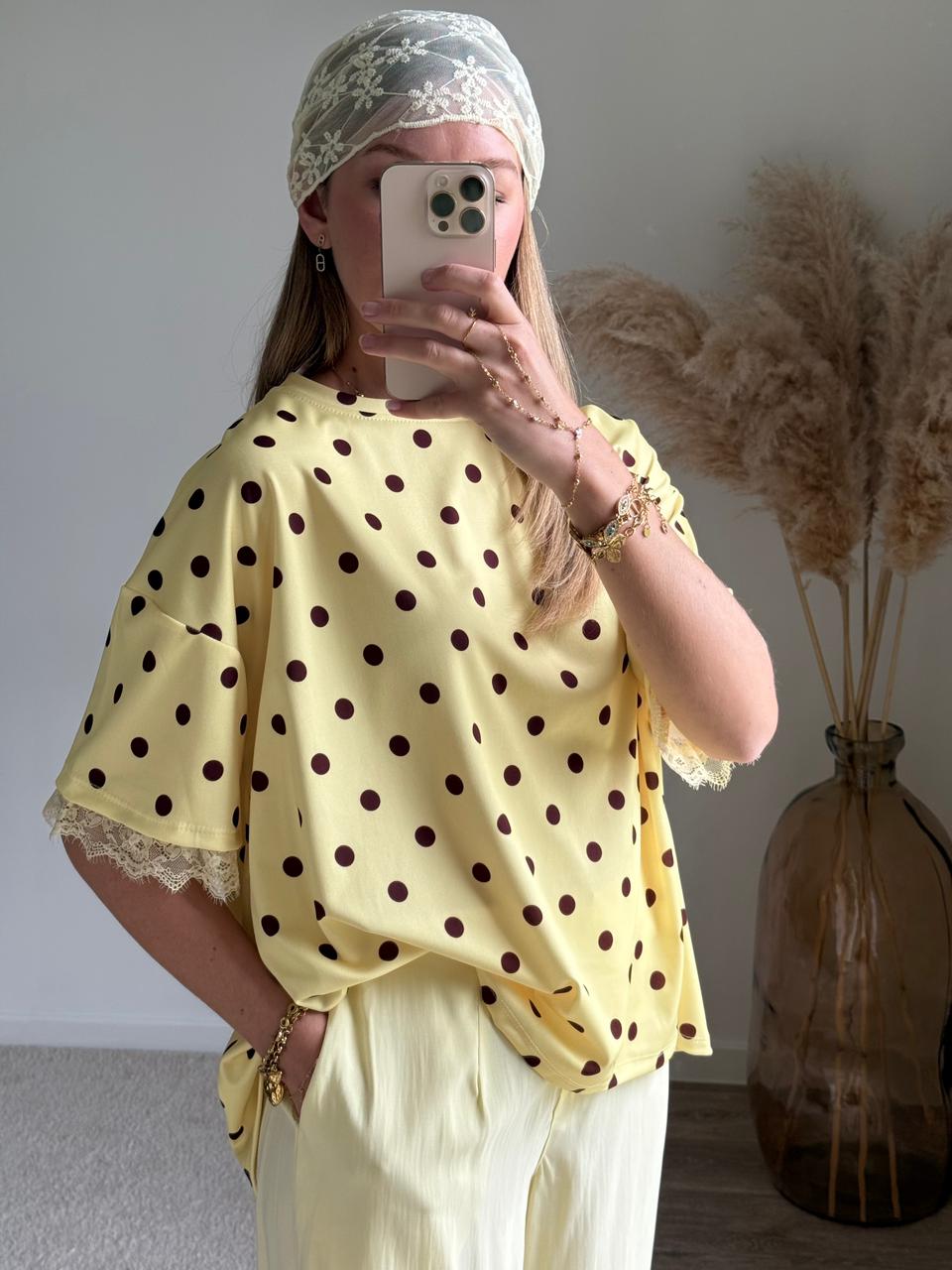 Top bimatière à dos ouvert et dentelle - Pois jaune