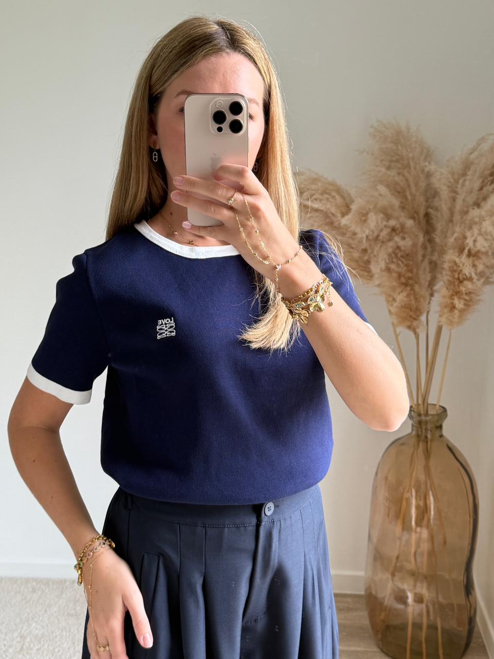T-shirt en Maille Rétro Bord-Côte Contrasté - Bleu