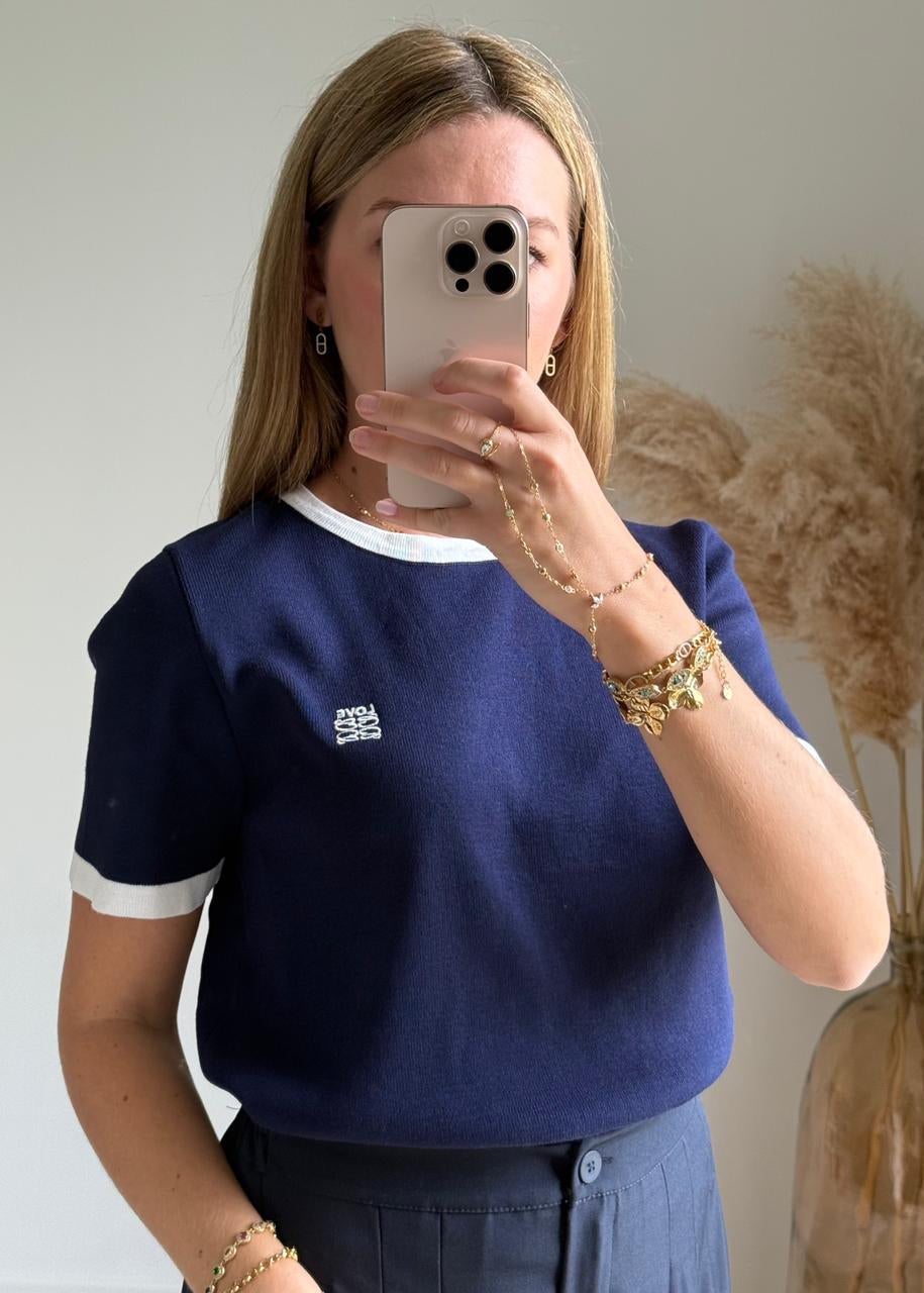 T-shirt en Maille Rétro Bord-Côte Contrasté - Bleu