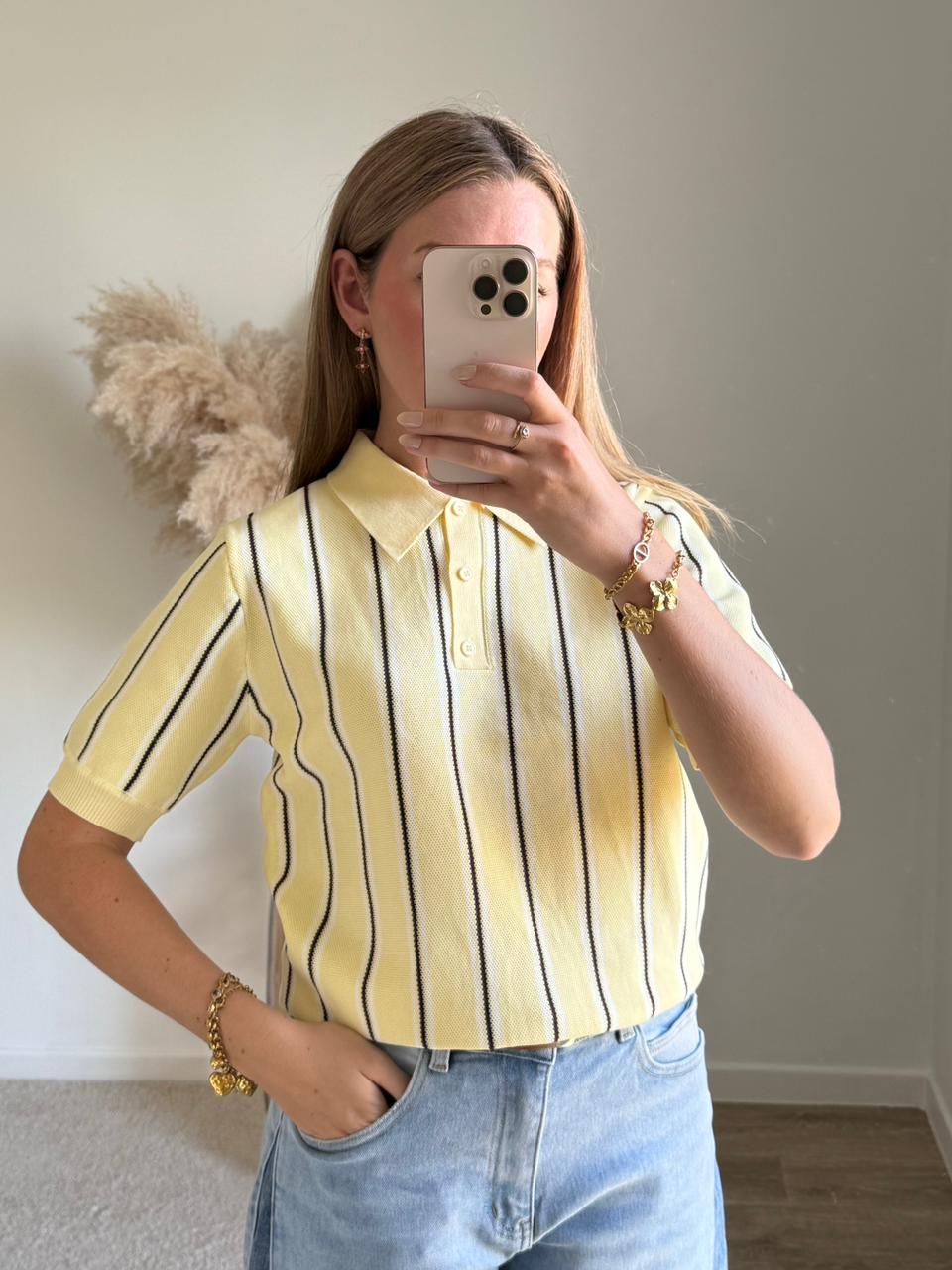 Polo en Maille à Rayures Verticales - Jaune Pastel