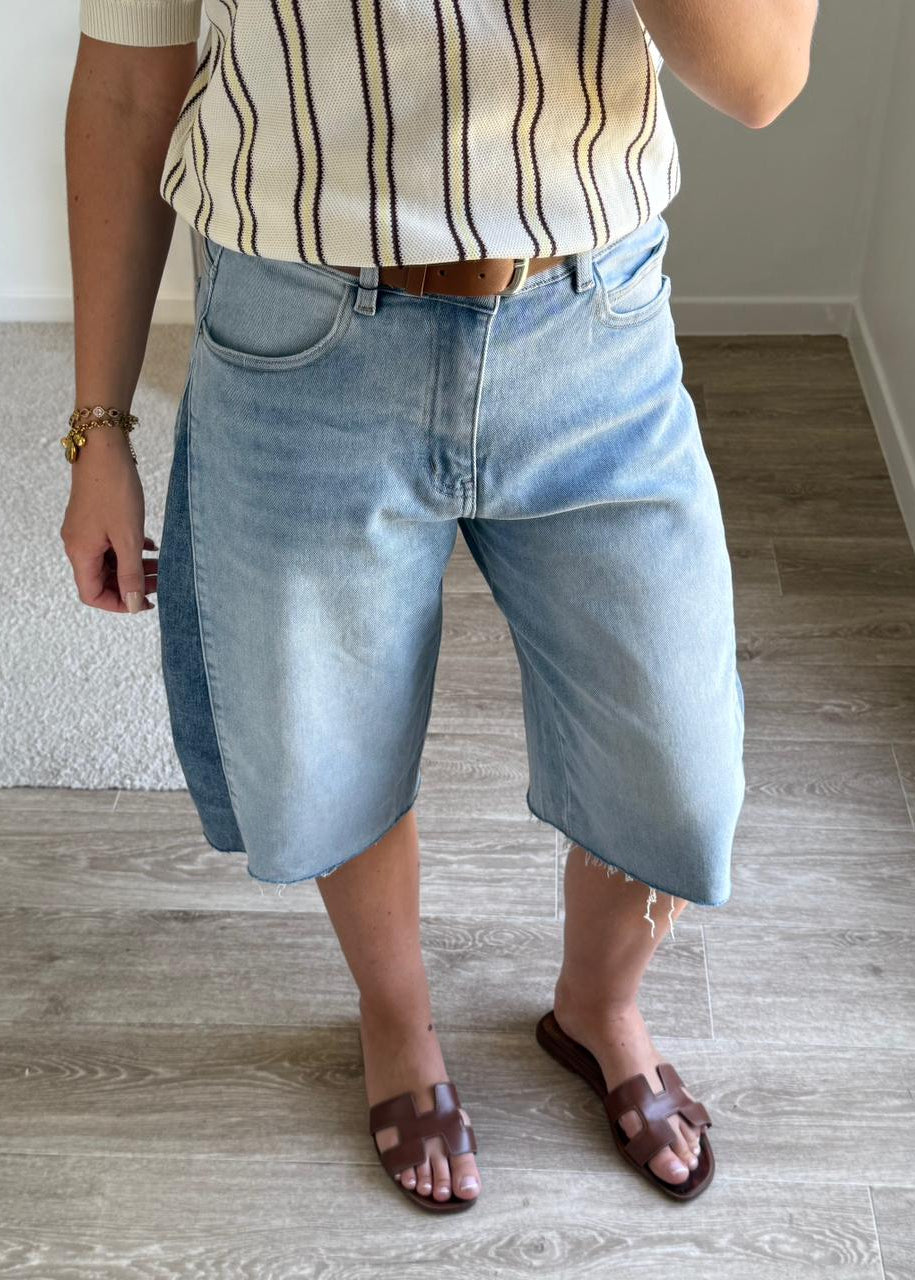 Bermuda Denim Bicolore à Ourlet Effiloché