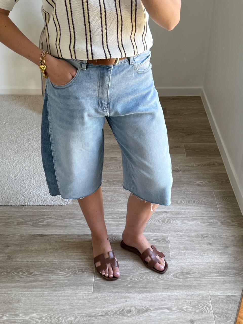Bermuda Denim Bicolore à Ourlet Effiloché