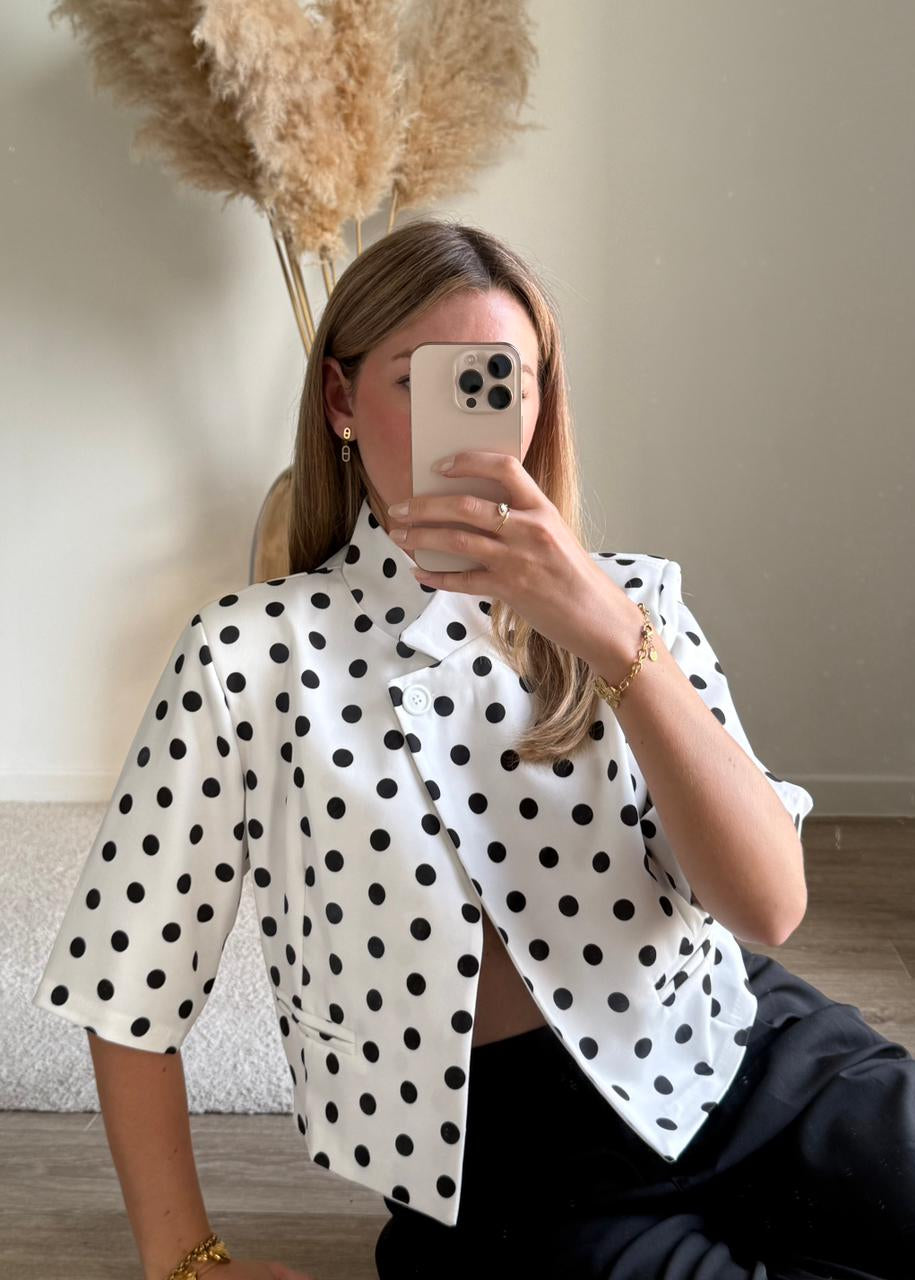 Veste Tailleur Courte à Pois - Blanc