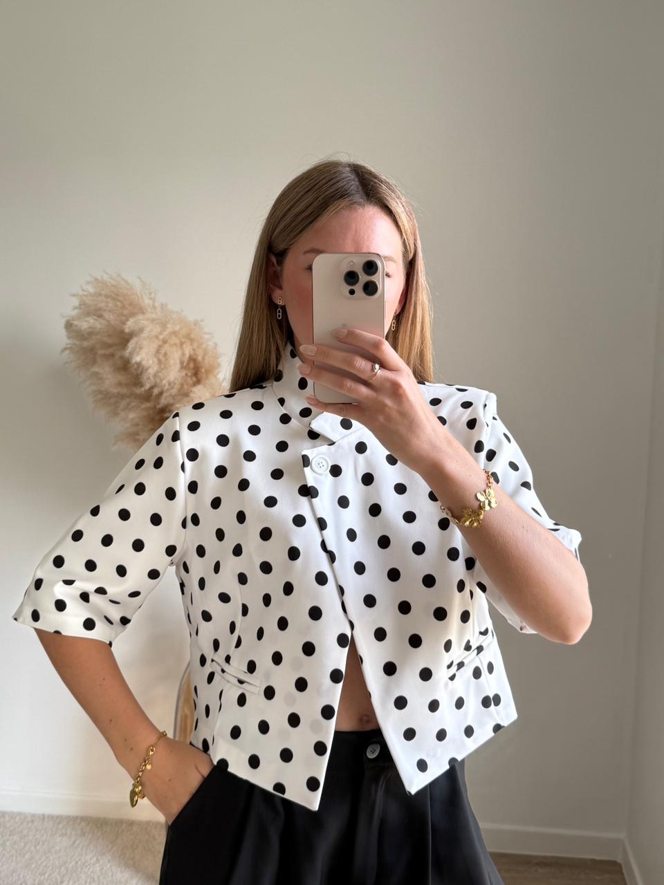 Veste Tailleur Courte à Pois - Blanc