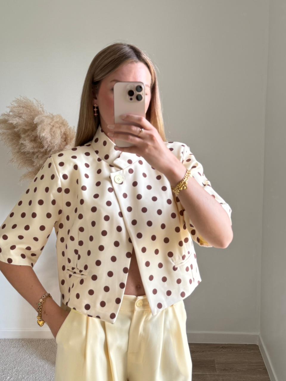 Veste Tailleur Courte à Pois - Jaune Pastel