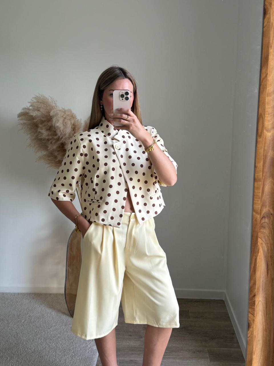Veste Tailleur Courte à Pois - Jaune Pastel