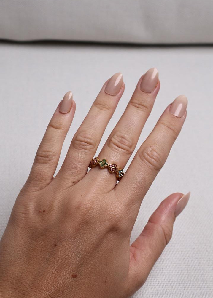 Bague Dorée Couronne de Fleurs – Cristaux Multicolores