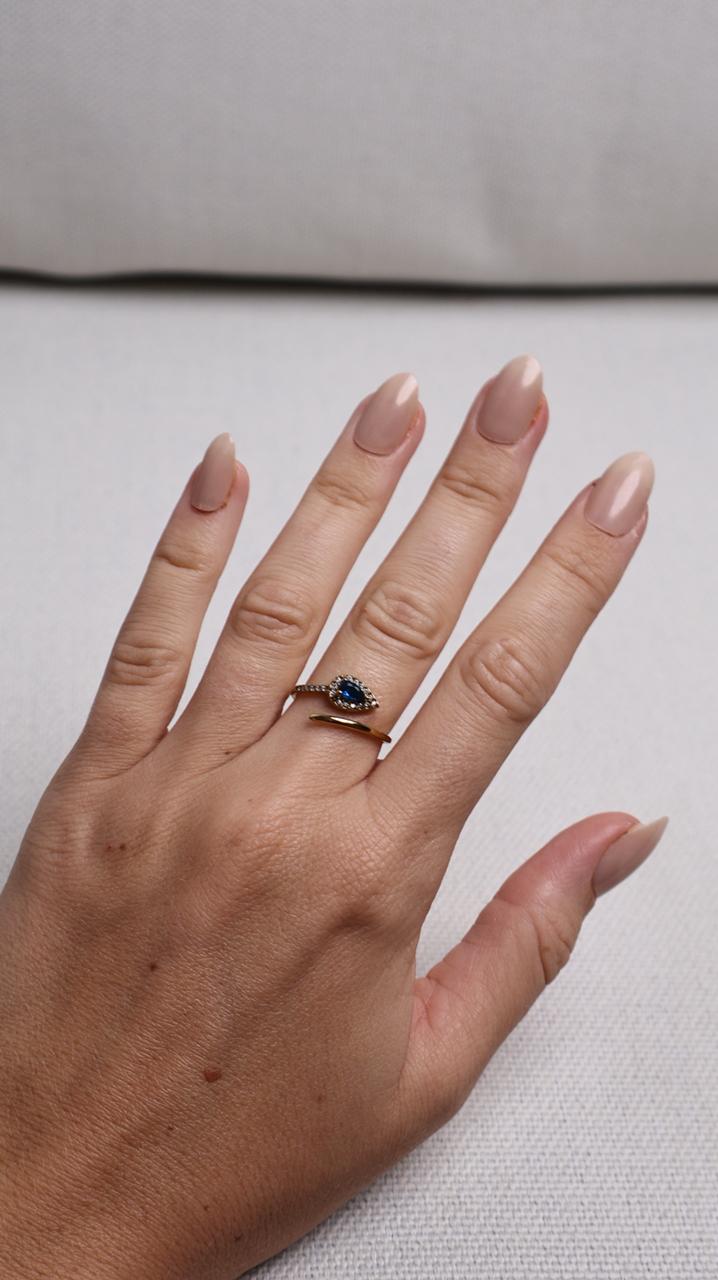 Bague Ajustable Dorée Goutte de Cristal Scintillante - Bleu