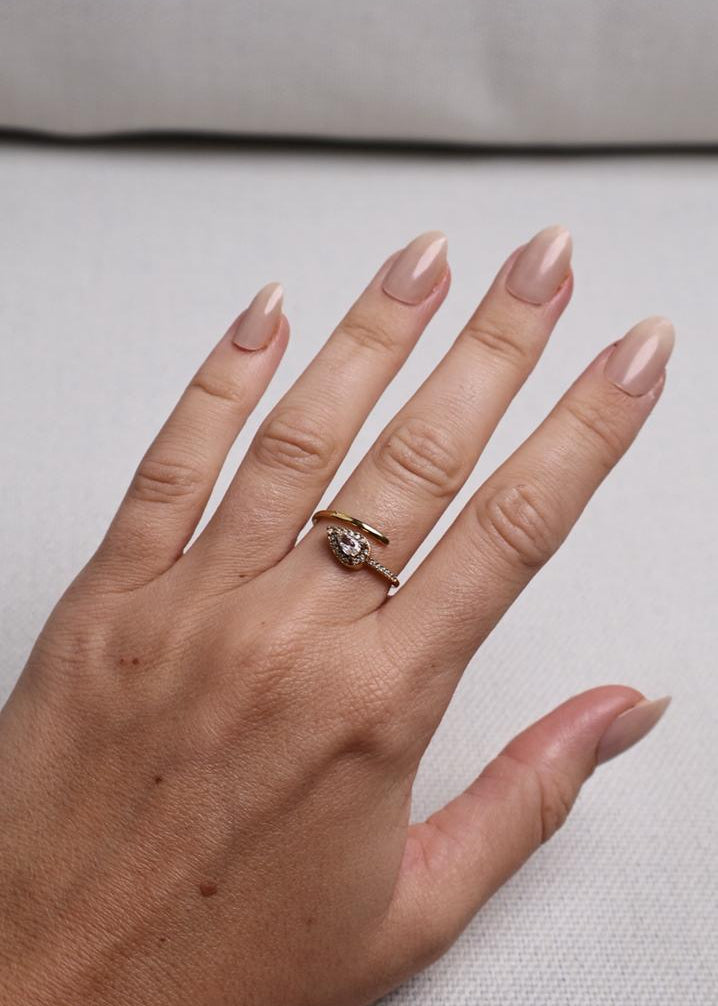 Bague Ajustable Dorée Goutte de Cristal Scintillante - Blanc
