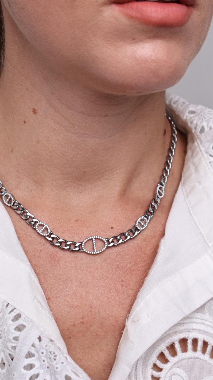 Collier Choker Maille Gourmette Argent & Maillons Strass