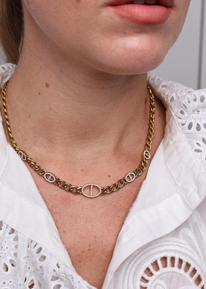 Collier Choker Maille Gourmette Dorée & Maillons Strass