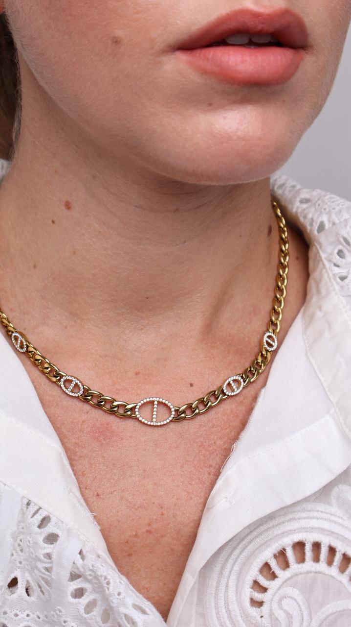 Collier Choker Maille Gourmette Dorée & Maillons Strass