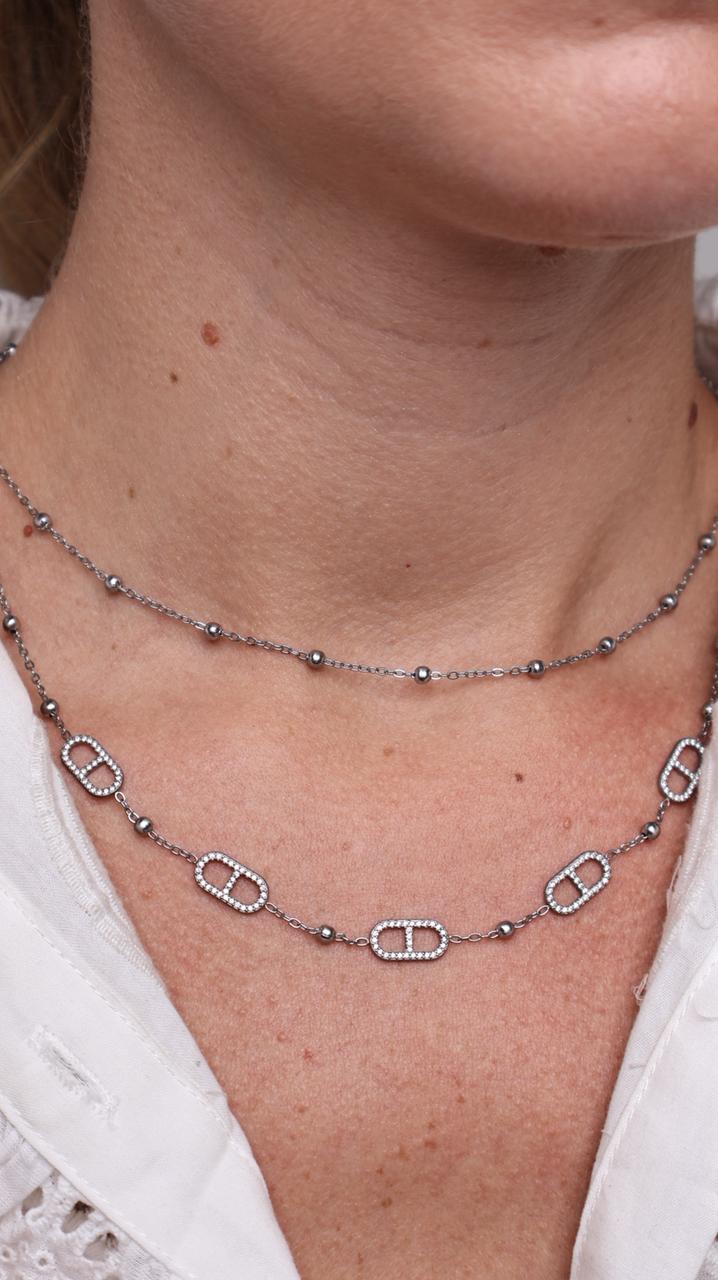 Collier Double Rang Maille Marine Strassée & Perles-argent