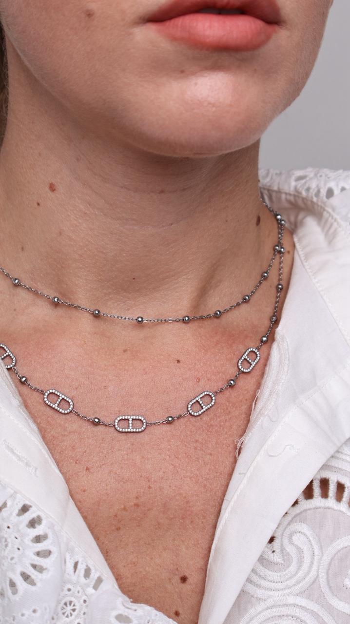 Collier Double Rang Maille Marine Strassée & Perles-argent