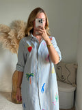 Robe Chemise à Rayures et Broderies Pop