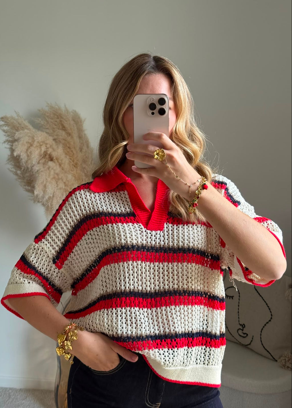 Polo en Maille Tricot Ajourée à Rayures