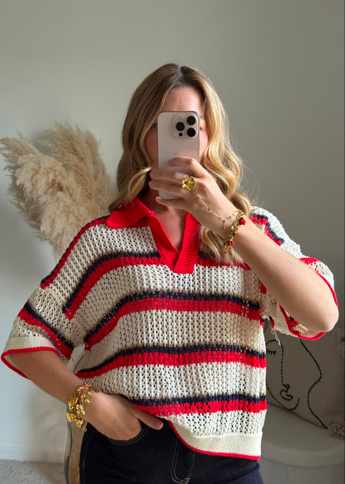 Polo en Maille Tricot Ajourée à Rayures
