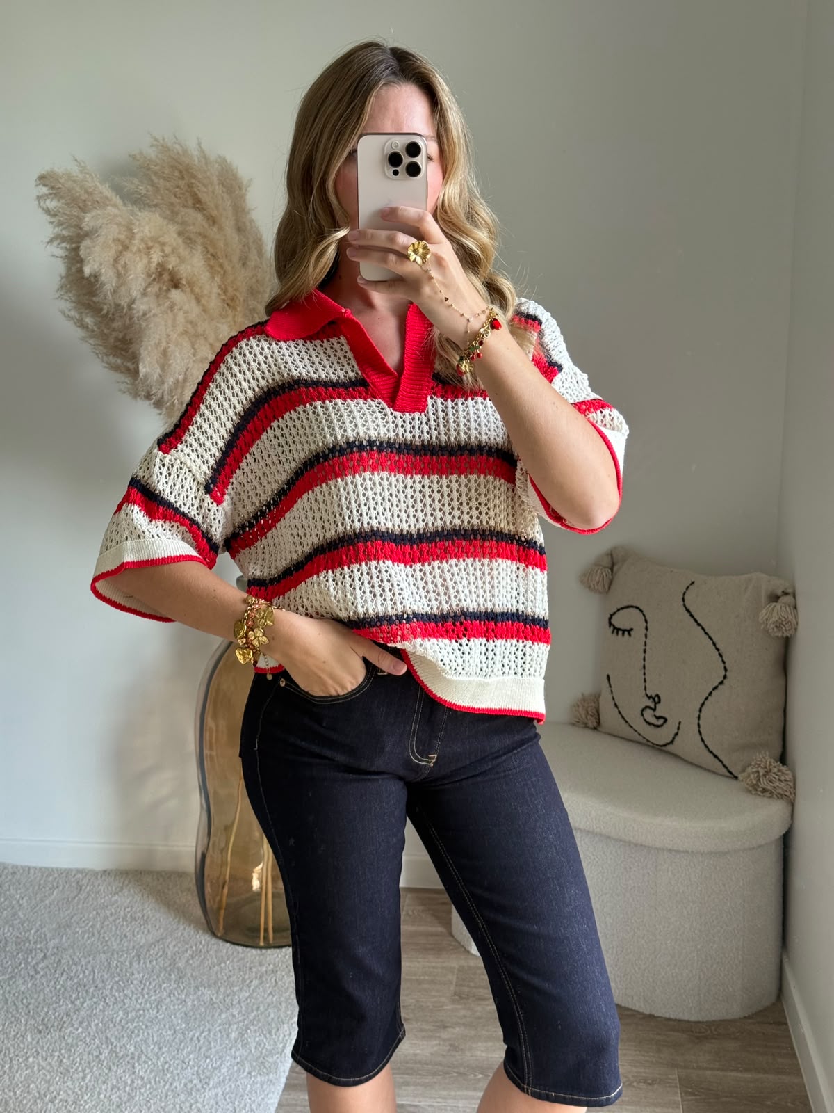 Polo en Maille Tricot Ajourée à Rayures