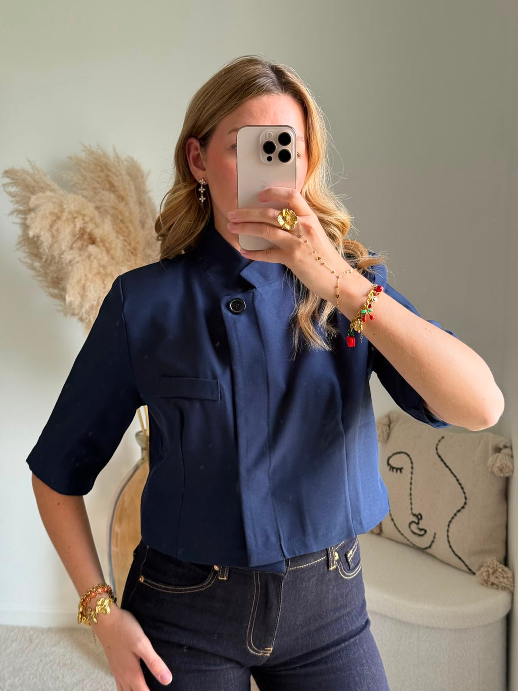 Veste Courte à Col Montant Bleu Foncé