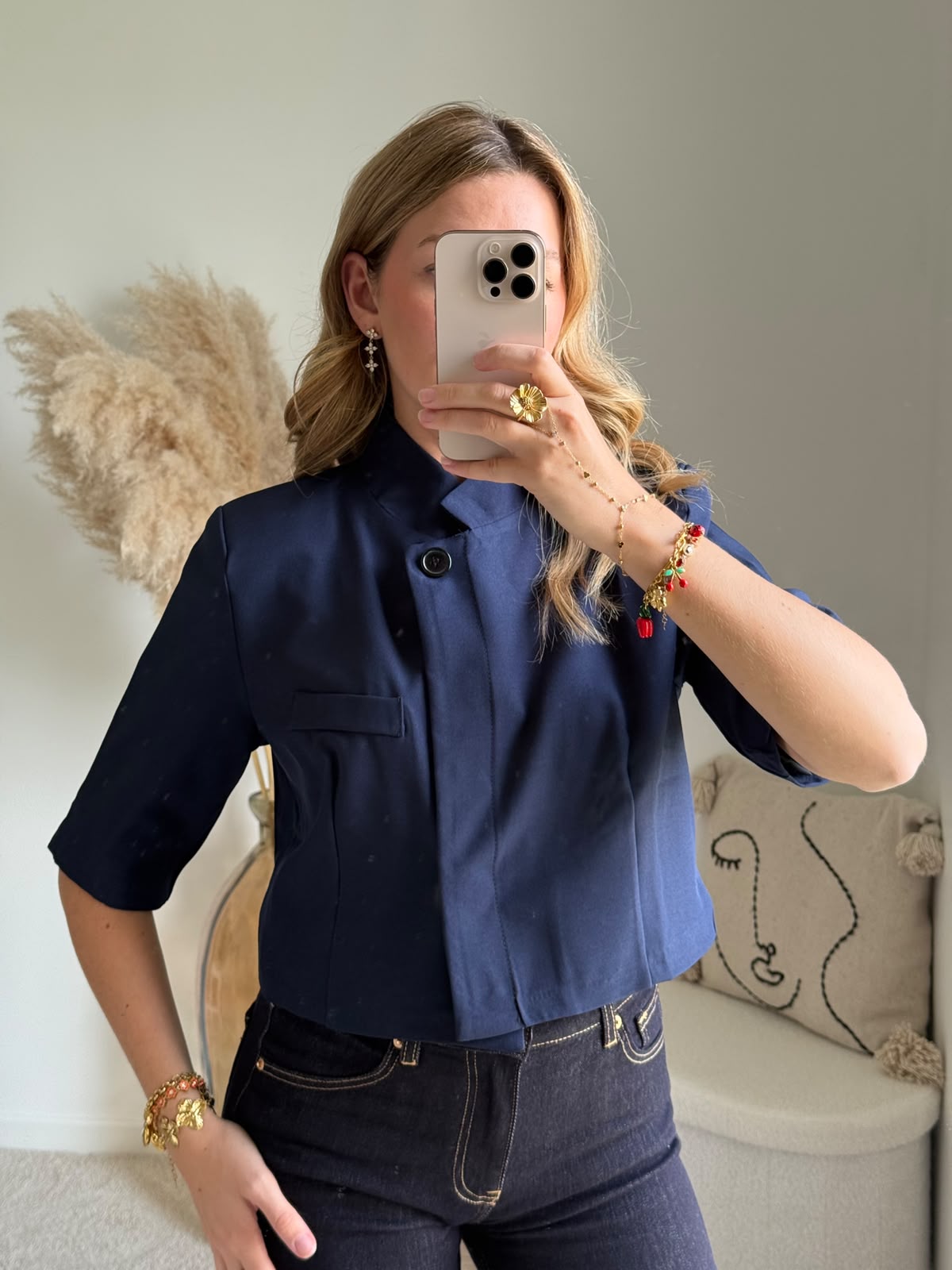 Veste Courte à Col Montant Bleu Foncé