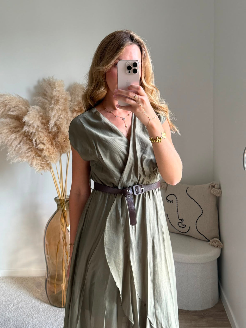 Robe Fluide Drapée à Ceinture - Vert khaki