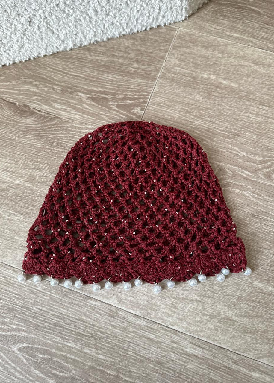 Bonnet en maille crochetée à perles - Bordeaux