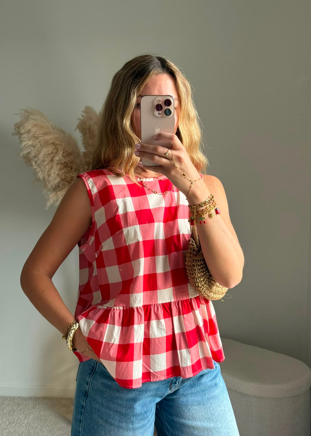 Top à carreaux vichy avec dos drapé - Rouge