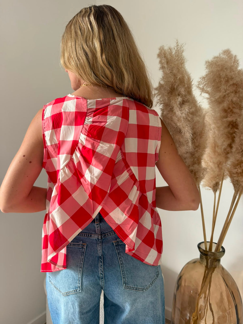 Top à carreaux vichy avec dos drapé - Rouge