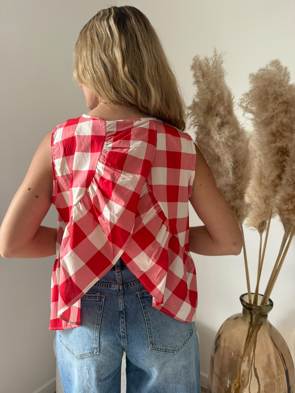 Top à carreaux vichy avec dos drapé - Rouge