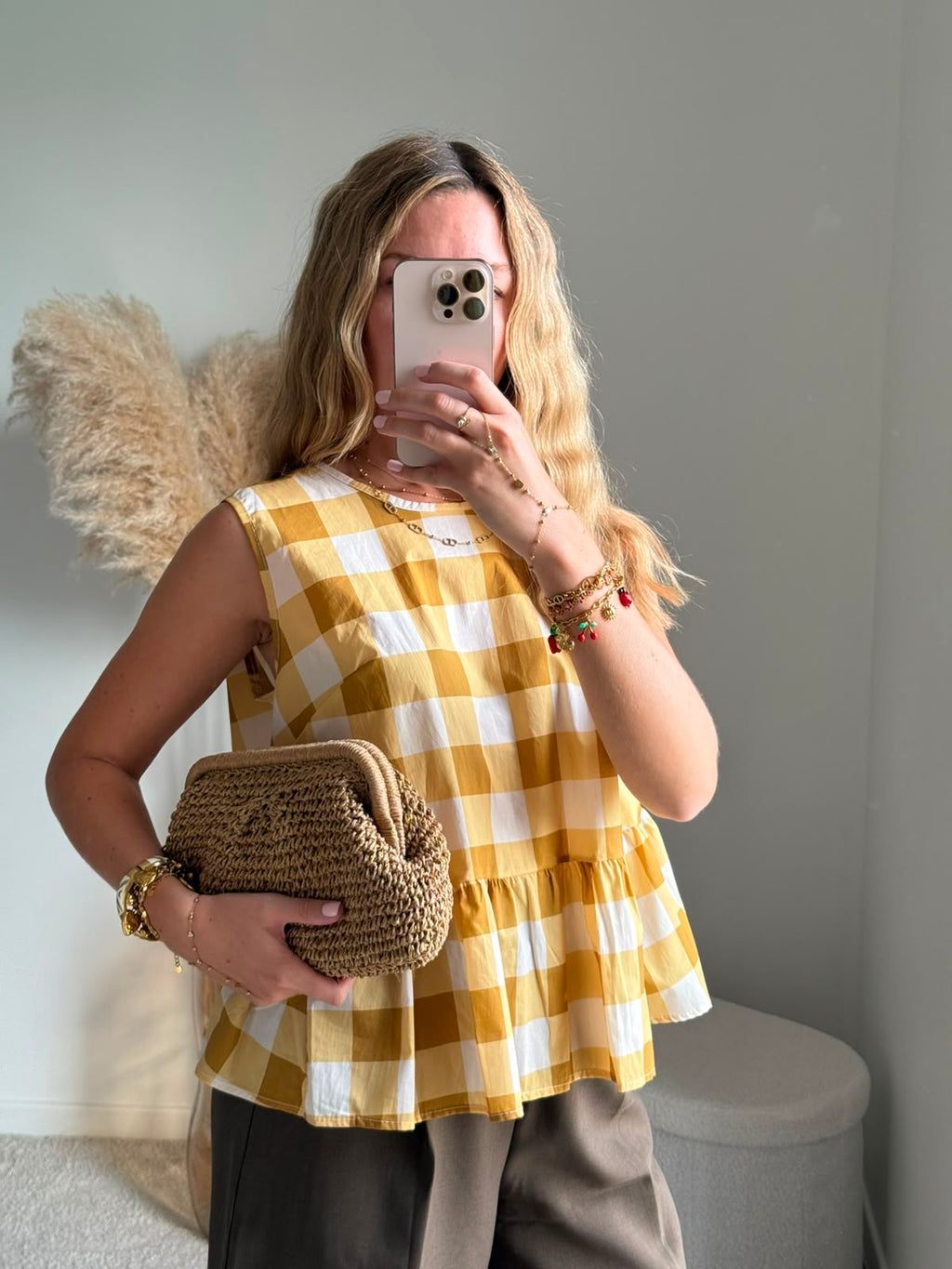Top à carreaux vichy avec dos drapé - Jaune