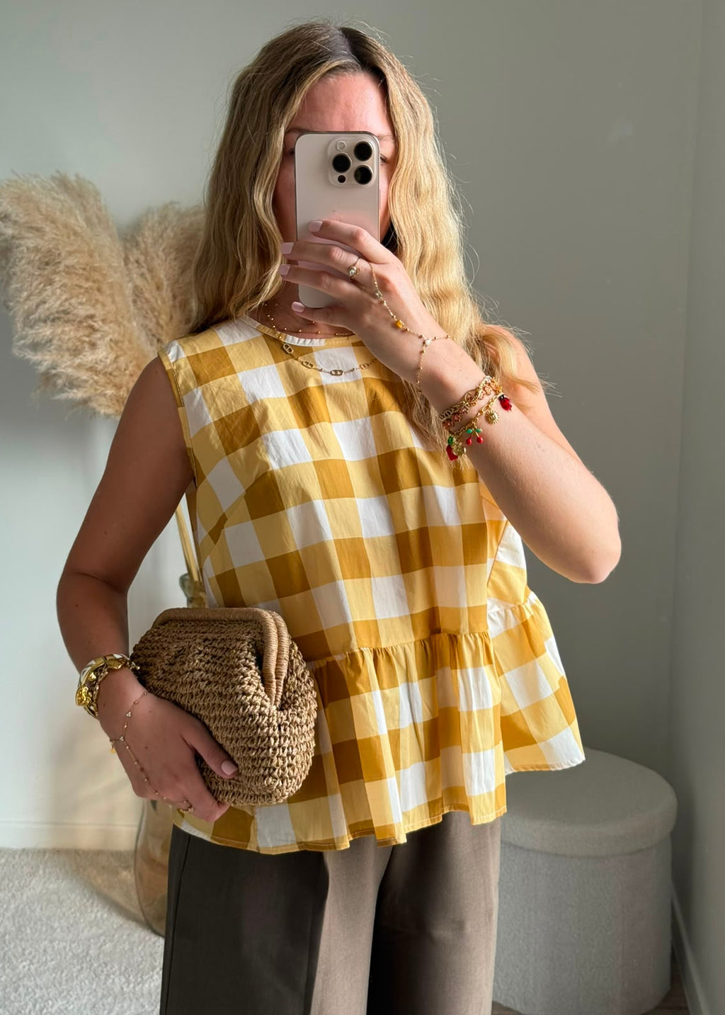 Top à carreaux vichy avec dos drapé - Jaune