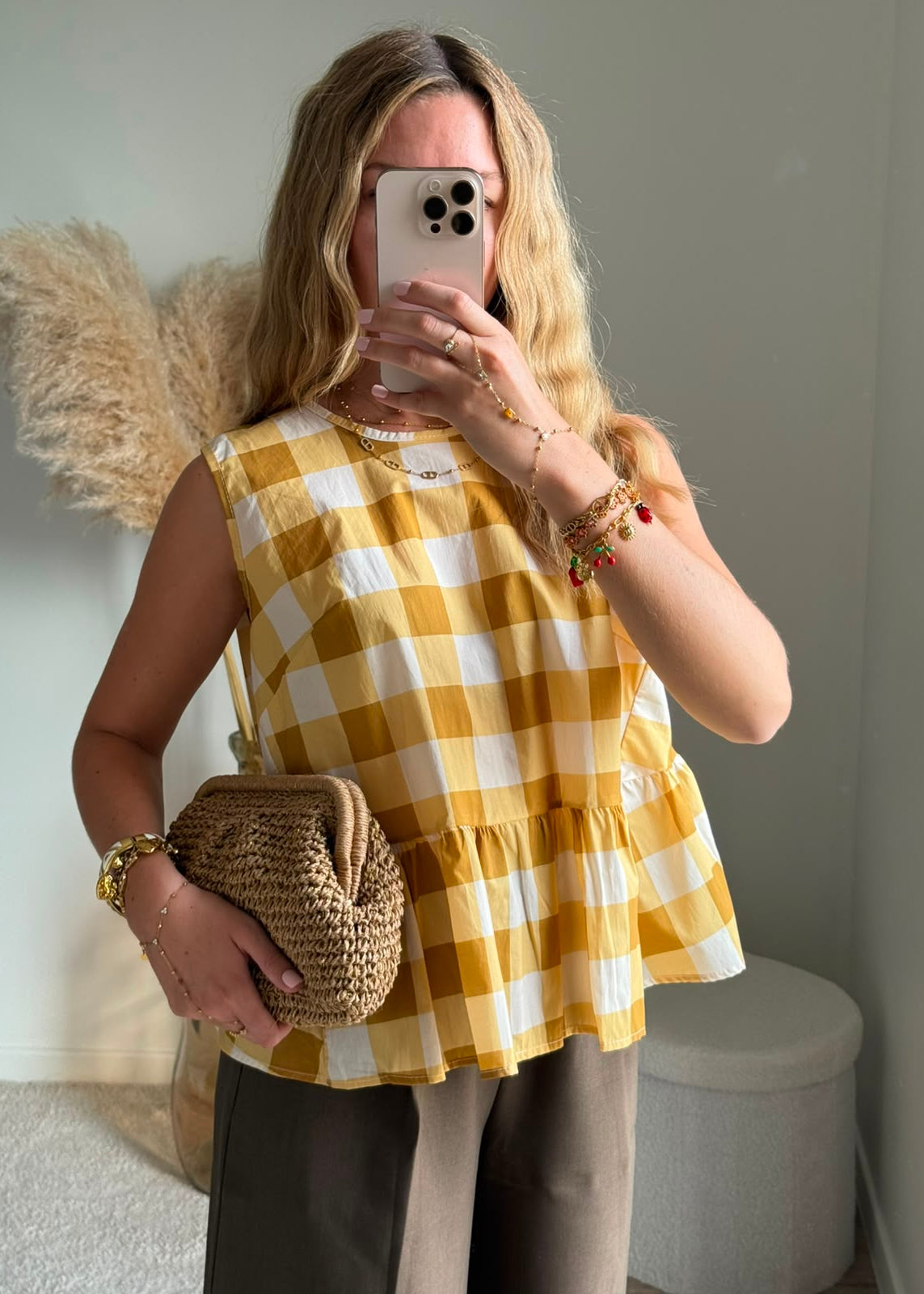 Top à carreaux vichy avec dos drapé - Jaune