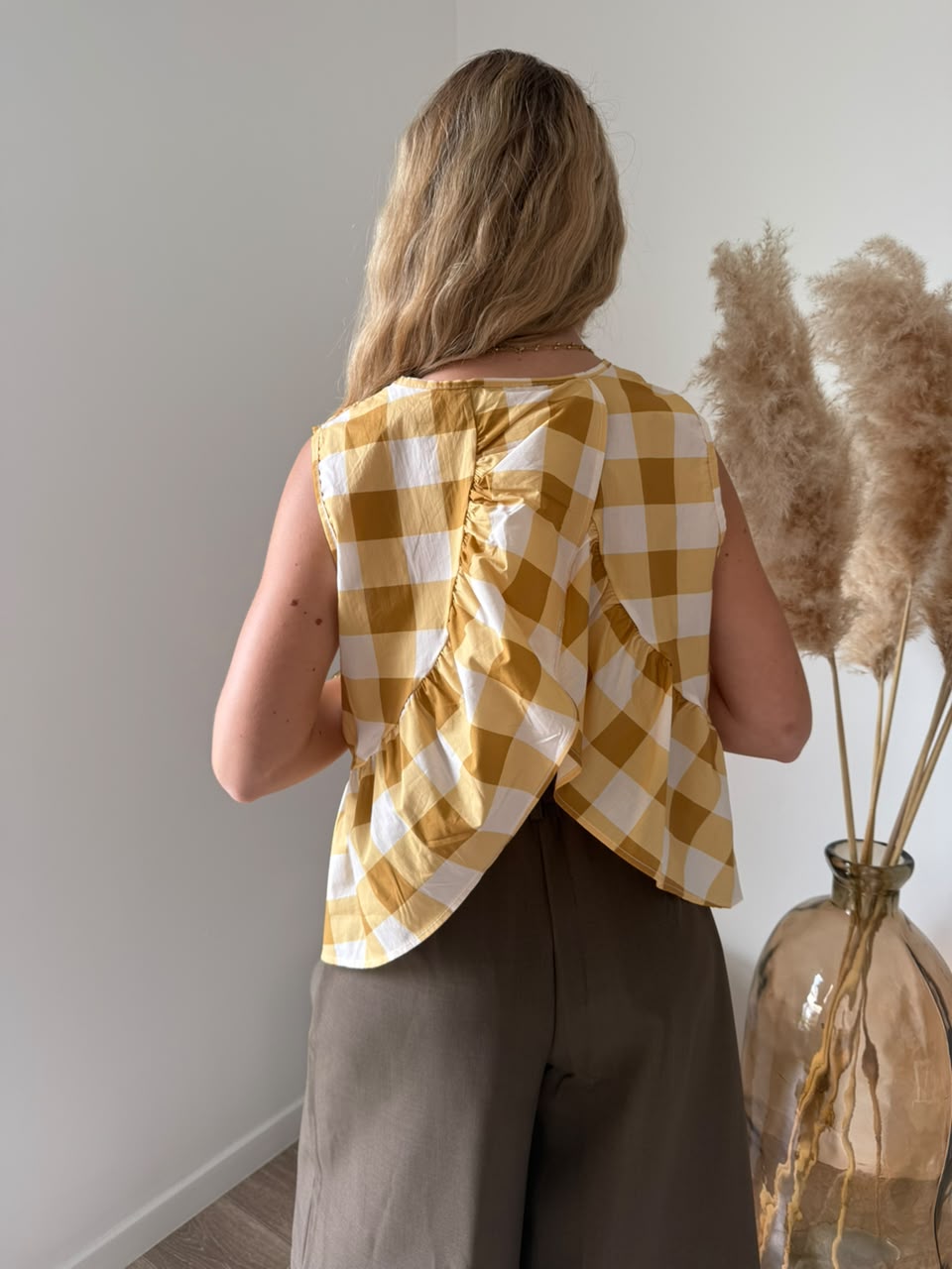 Top à carreaux vichy avec dos drapé - Jaune