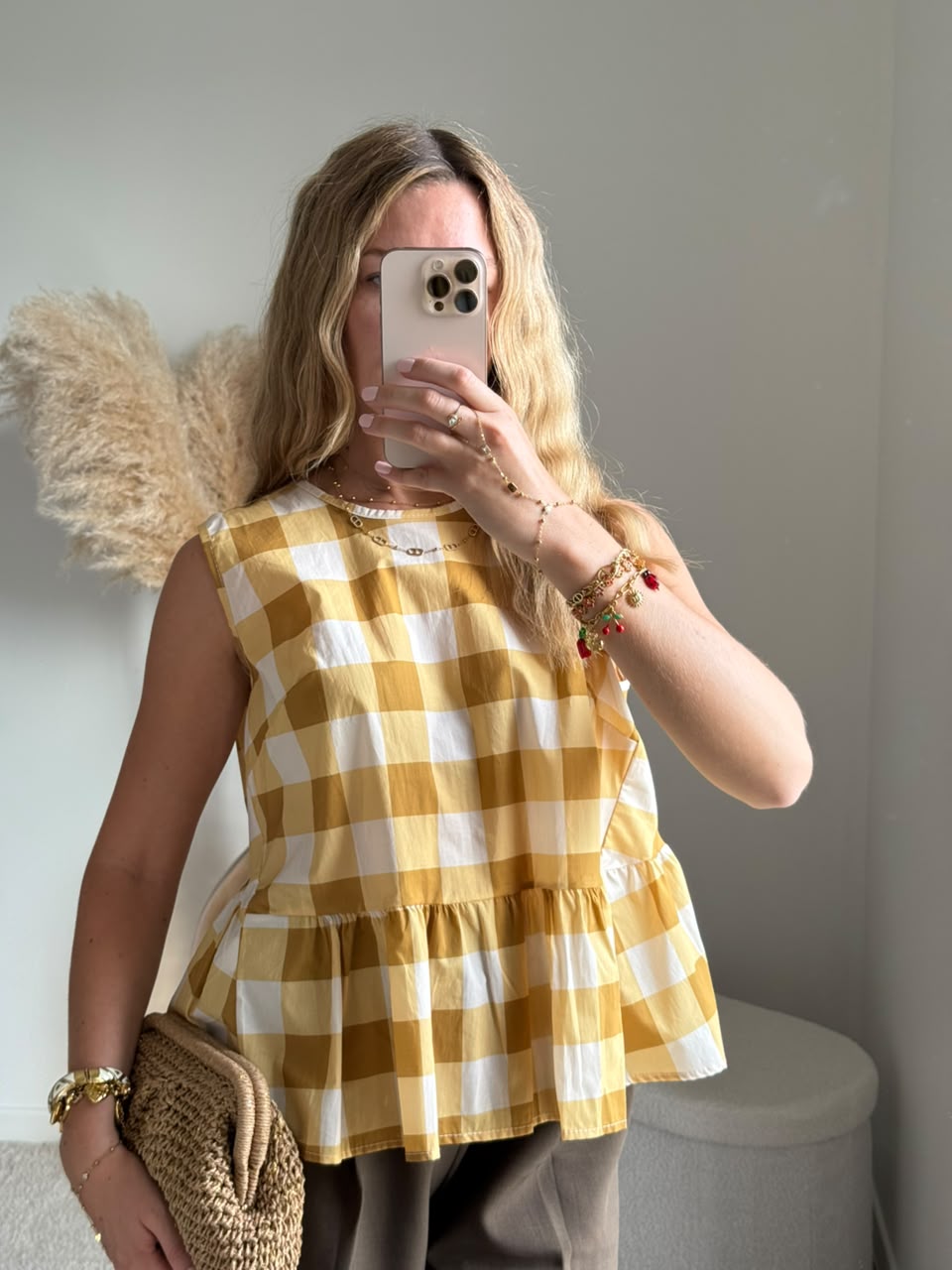 Top à carreaux vichy avec dos drapé - Jaune