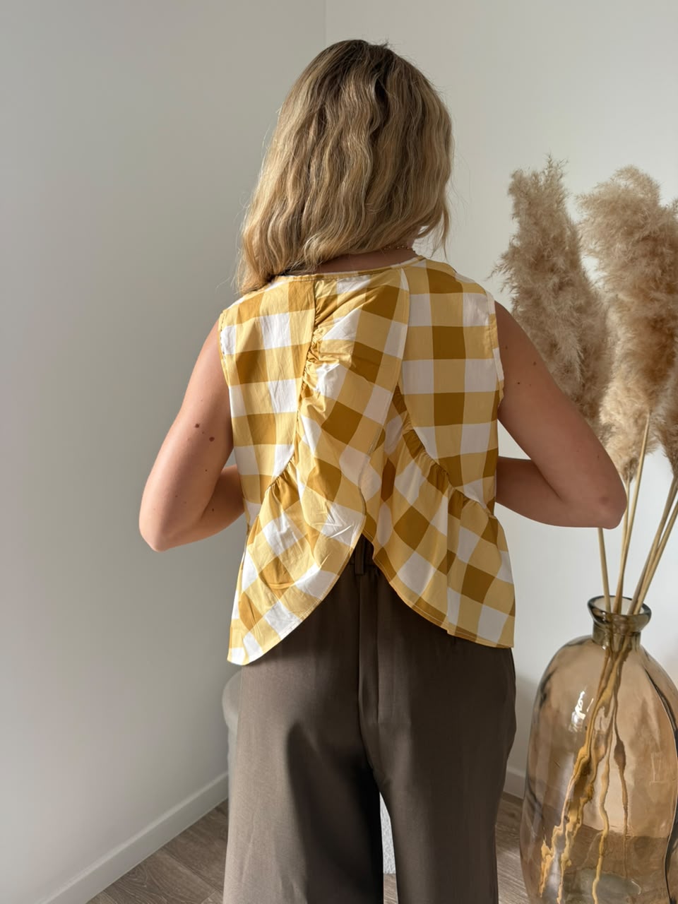 Top à carreaux vichy avec dos drapé - Jaune