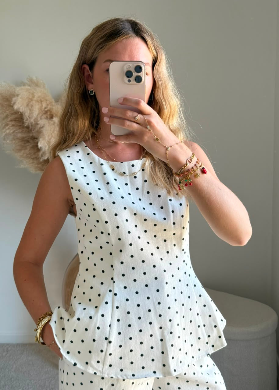 Top sans manches à imprimé pois et coupe péplum - Blanc