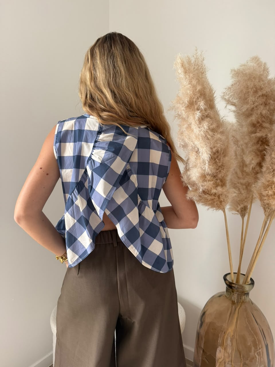 Top à carreaux vichy avec dos drapé - Bleu