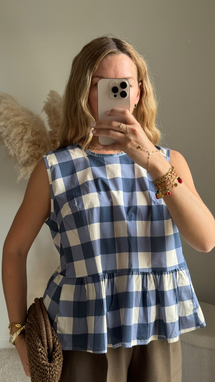 Top à carreaux vichy avec dos drapé - Bleu