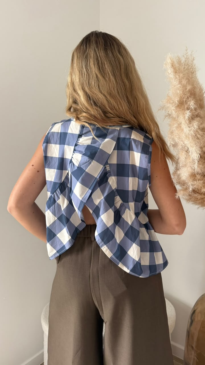 Top à carreaux vichy avec dos drapé - Bleu