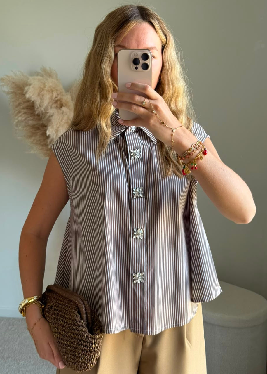 Chemise sans manches à rayures et boutons bijoux - Marron