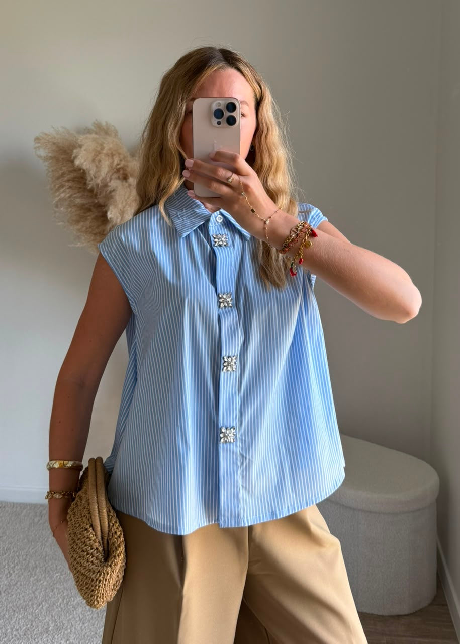 Chemise sans manches à rayures et boutons bijoux - Bleu