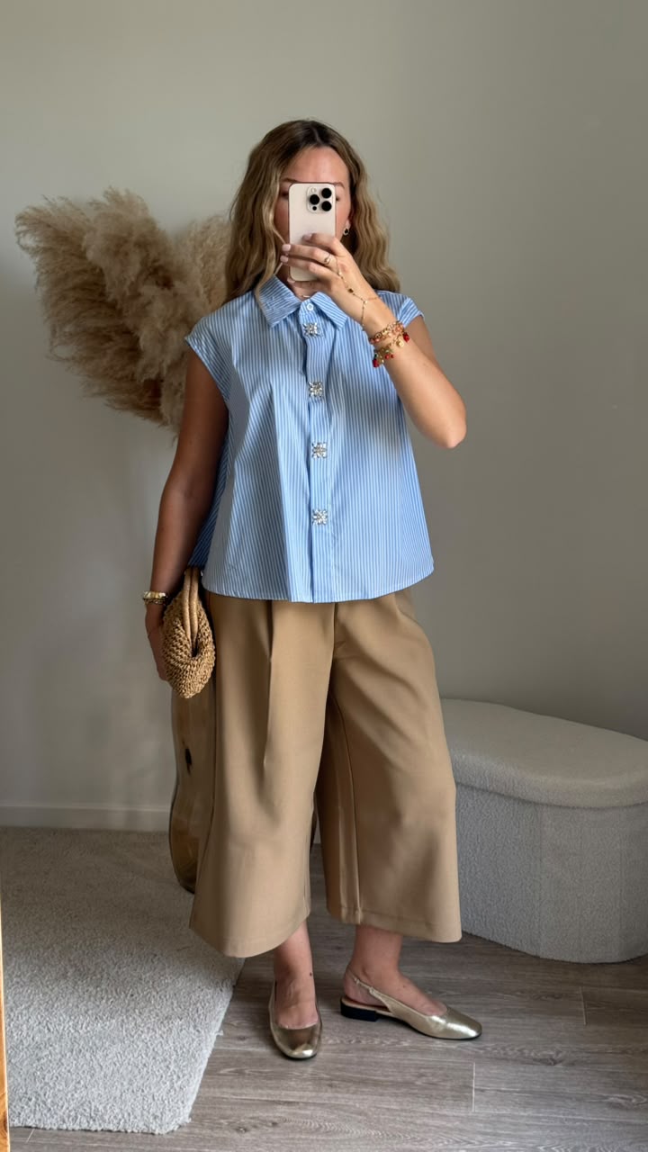 Chemise sans manches à rayures et boutons bijoux - Bleu